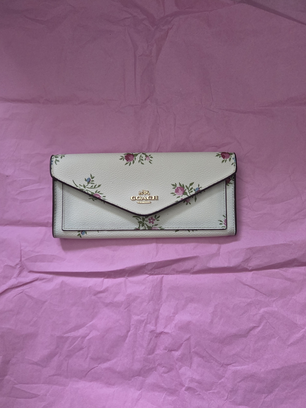 COACH Cream Floral Envelope Wallet with Pink Rose Accents